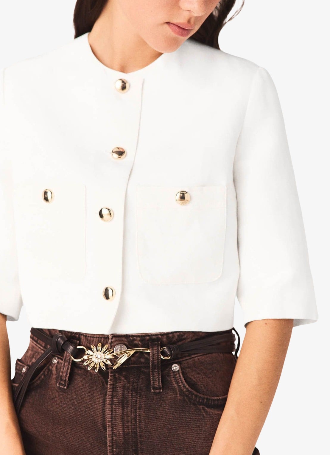 Maje Vytenia cropped blazer in linnenblend met borstzakken - detail wit