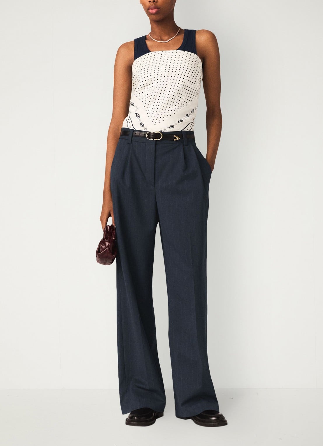 Maje Wide fit pantalon in wolblend met krijtstreep - voorkant 2 donkerblauw