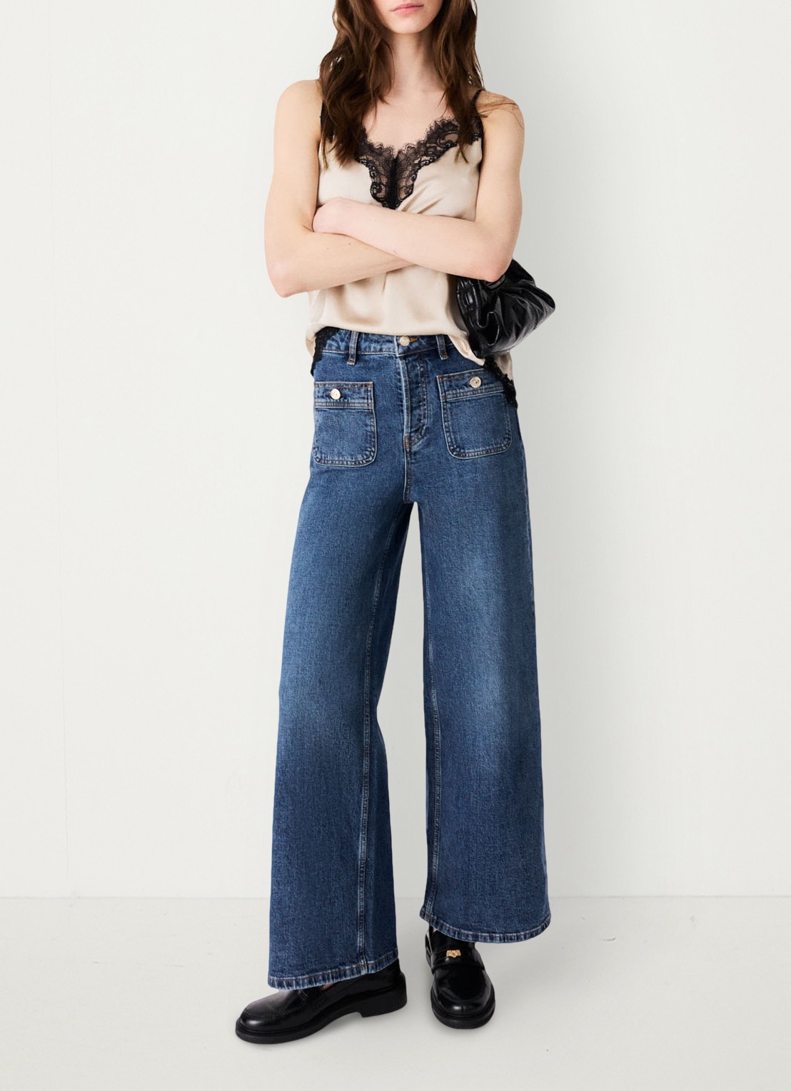 Maje Wide leg jeans met opgestikte zakken - voorkant 7 donkerblauw