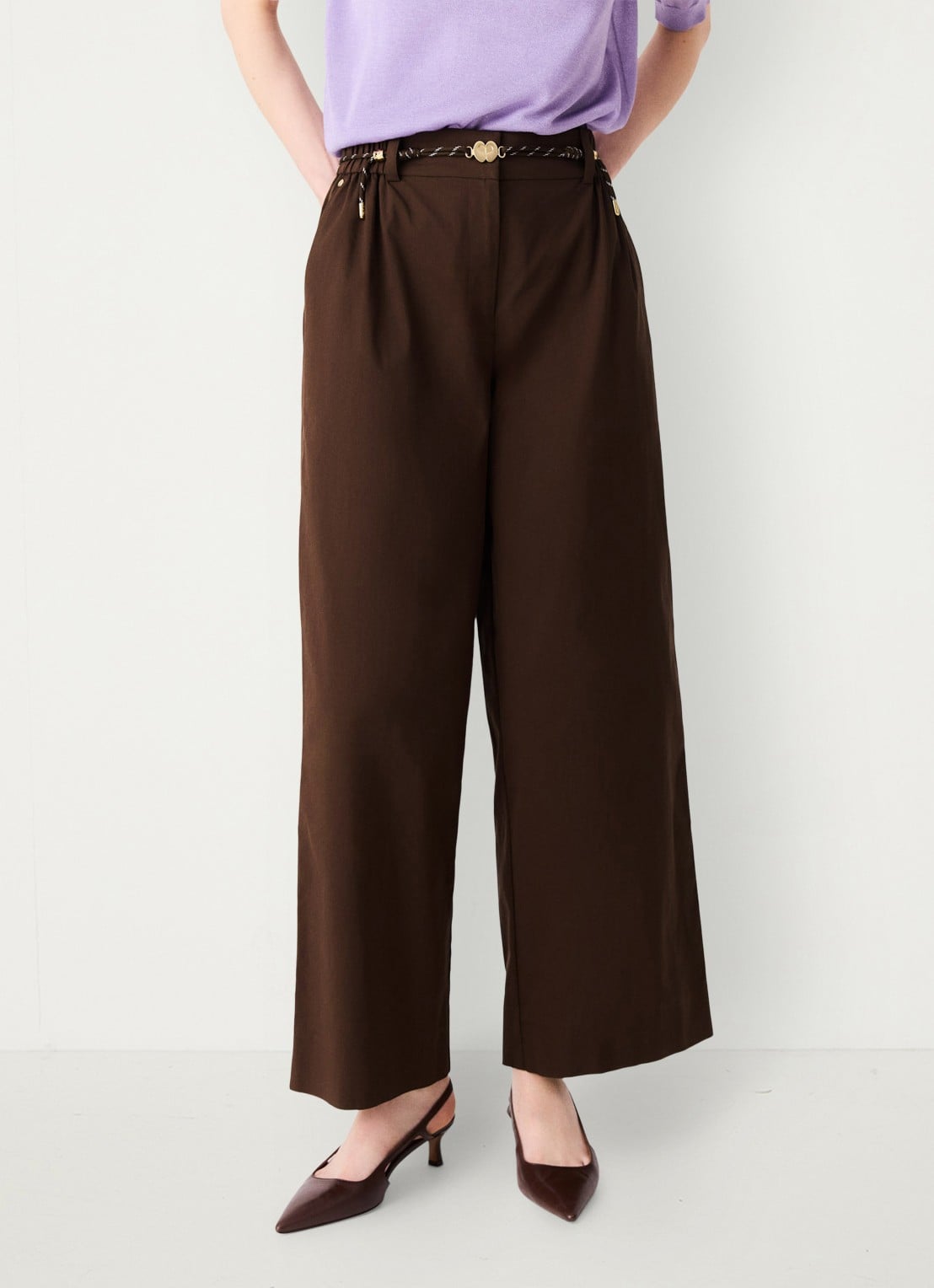 Maje Wide leg pantalon met gevlochten ceintuur - detail 6 brown / bruin