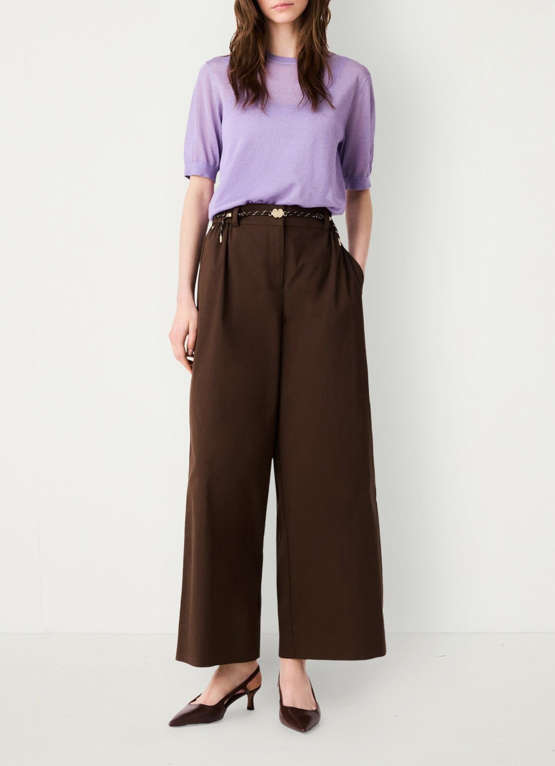 Maje Wide leg pantalon met gevlochten ceintuur - voorkant 2 brown / bruin