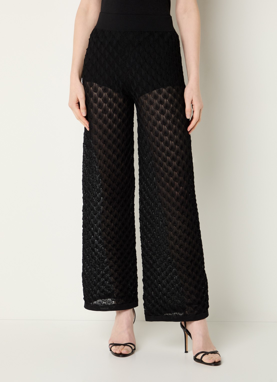 Malina Alissa grofgebreide high waist wide fit broek - detail 3 zwart