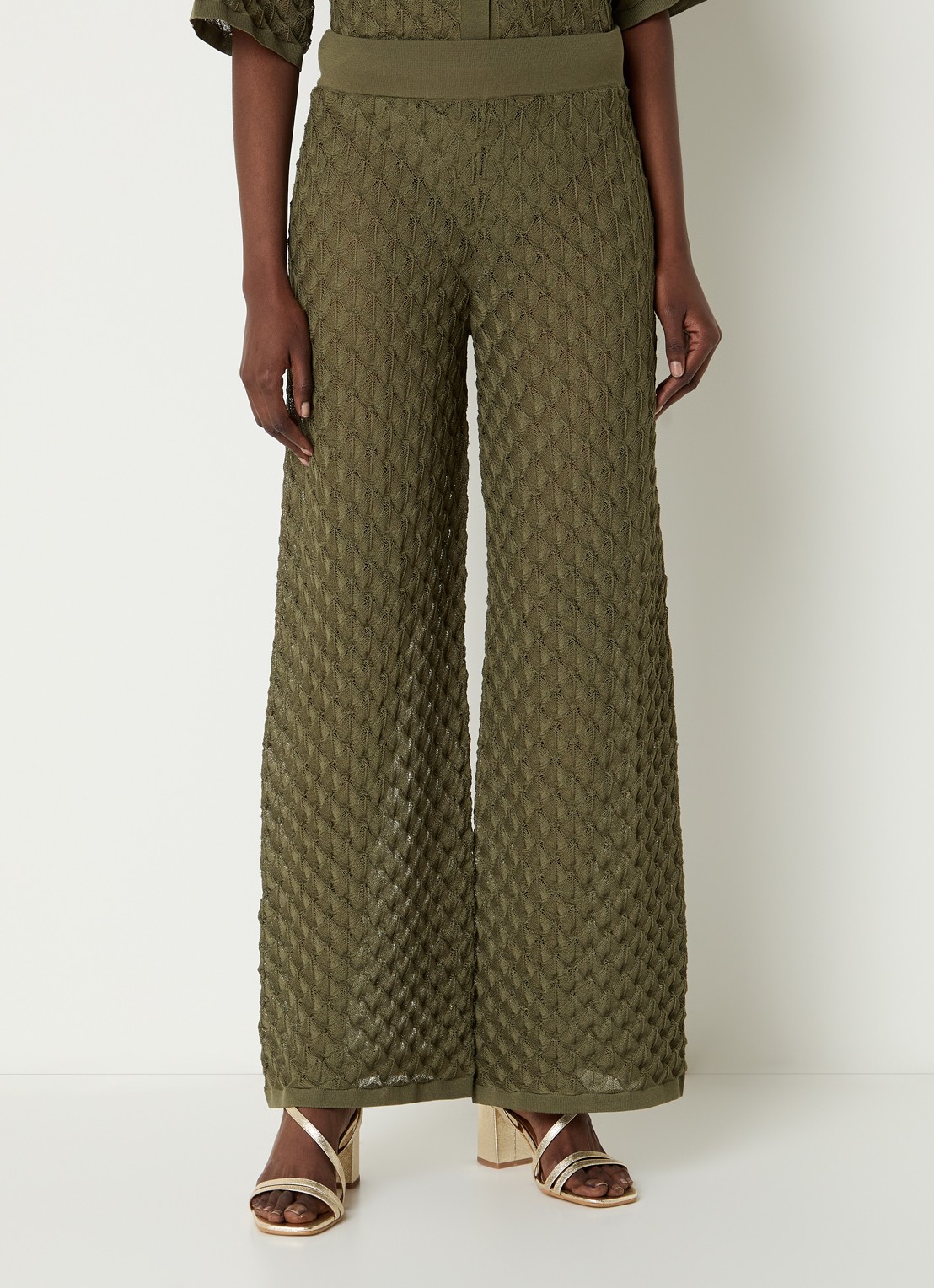 Malina Alissa grofgebreide high waist wide fit broek - detail 4 olijfgroen