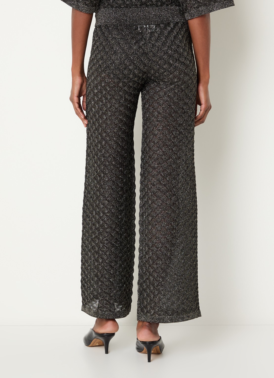 Malina Alissa semi-transparante high waist wide fit broek met lurex en structuur - achterkant 2 zwart