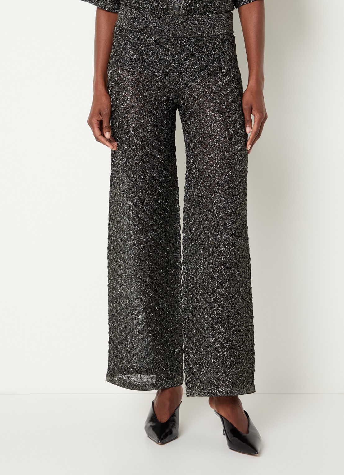 Malina Alissa semi-transparante high waist wide fit broek met lurex en structuur - detail zwart