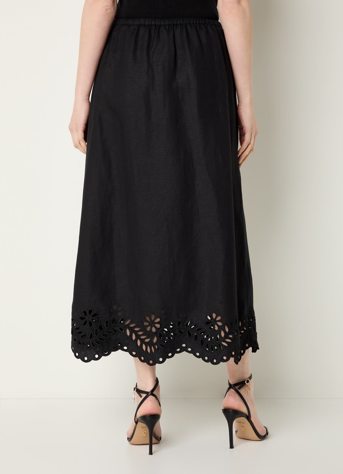 Malina Chara midi rok in linnenblend met broderie - achterkant 3 zwart