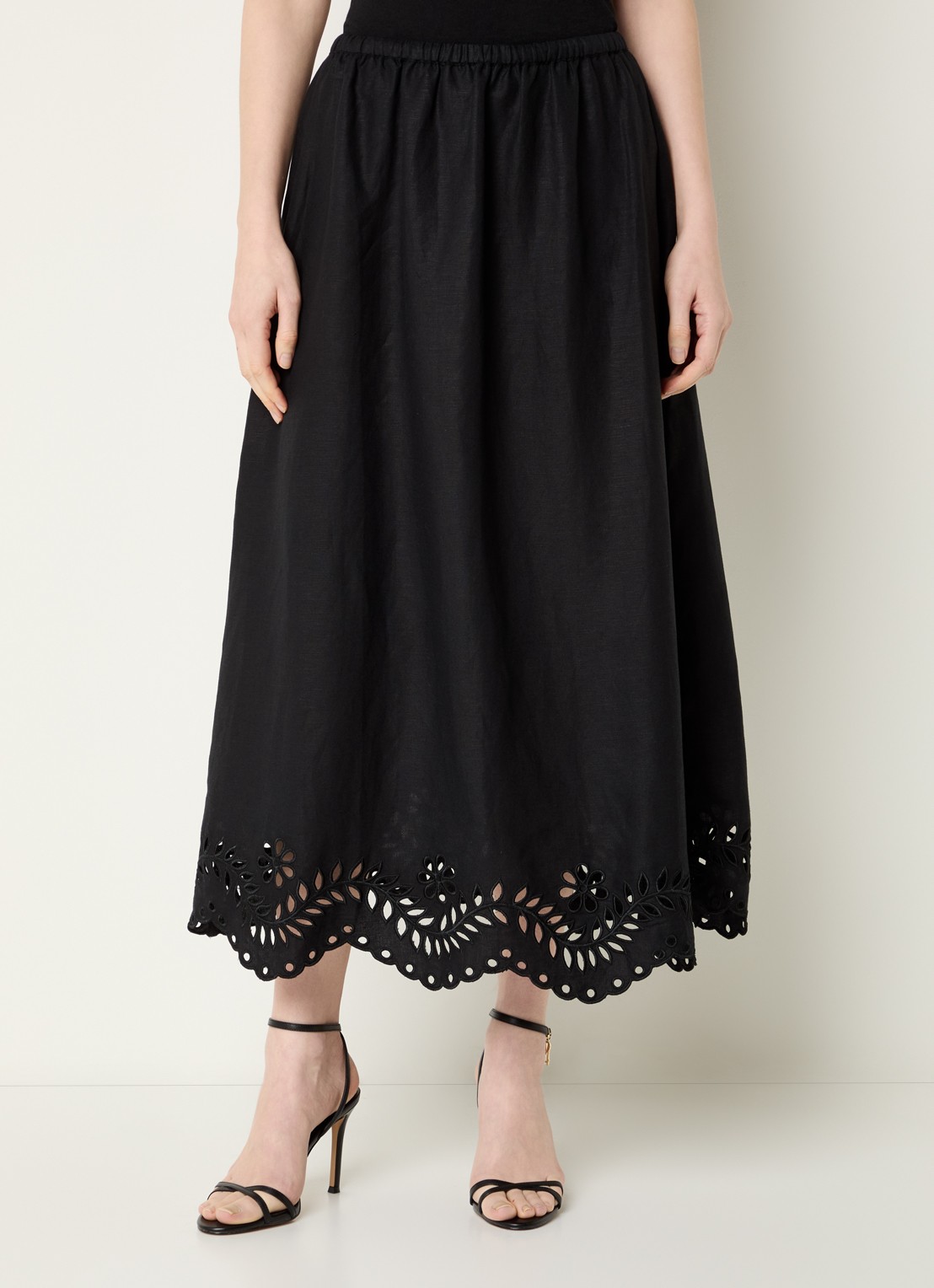 Malina Chara midi rok in linnenblend met broderie - detail 4 zwart
