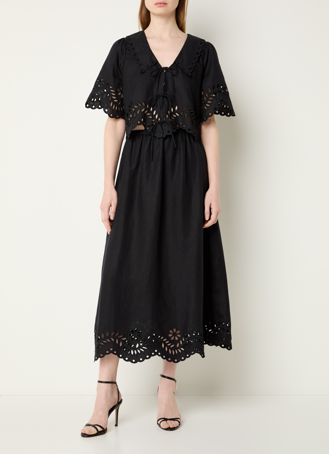 Malina Chara midi rok in linnenblend met broderie - voorkant 2 zwart