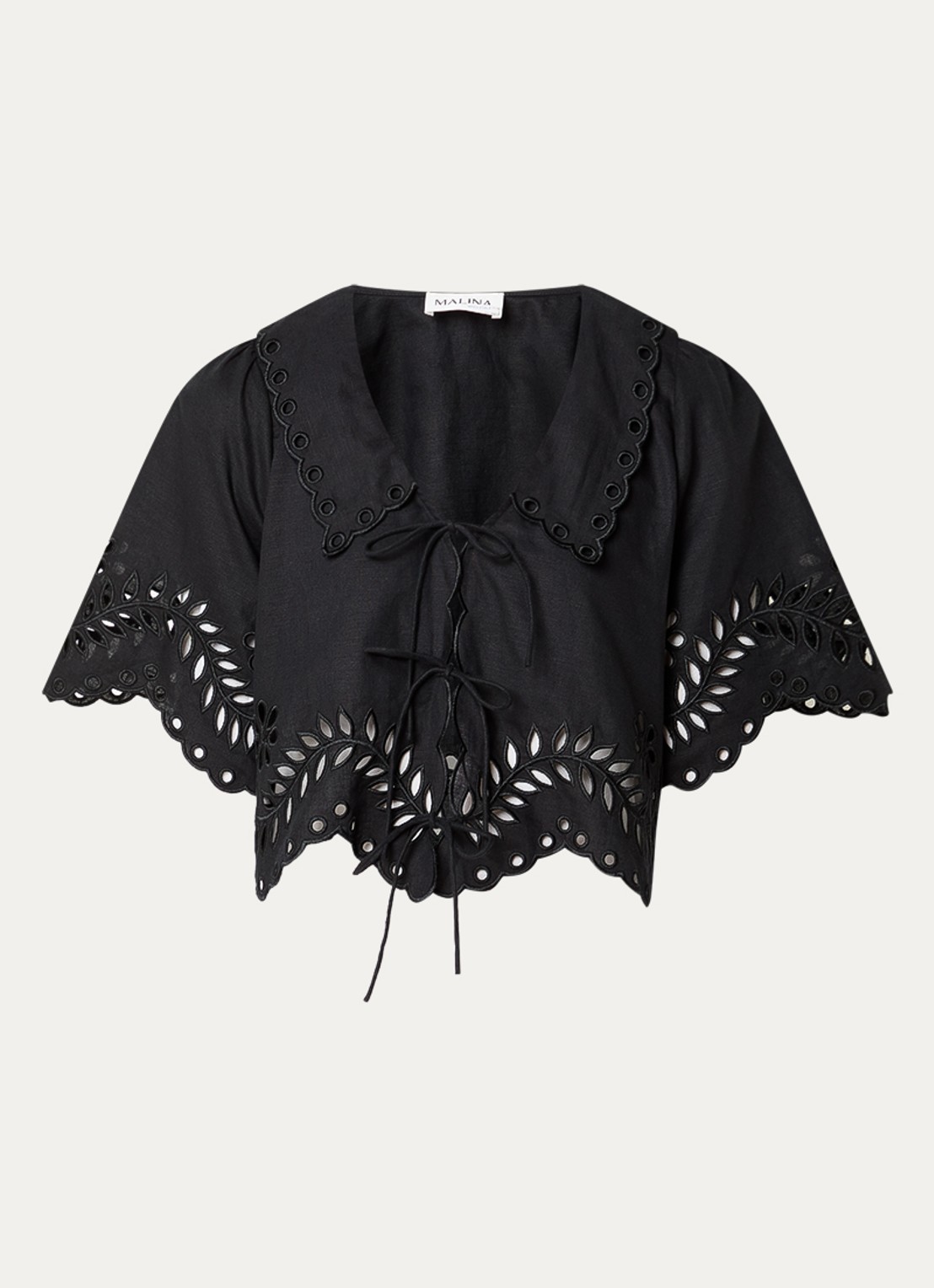 Malina Estela blouse met broderie en gestrikt detail - voorkant 3 zwart
