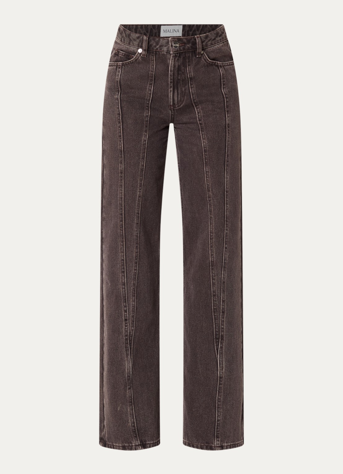 Malina Katia high waist straight leg jeans met siernaad - voorkant donkerbruin