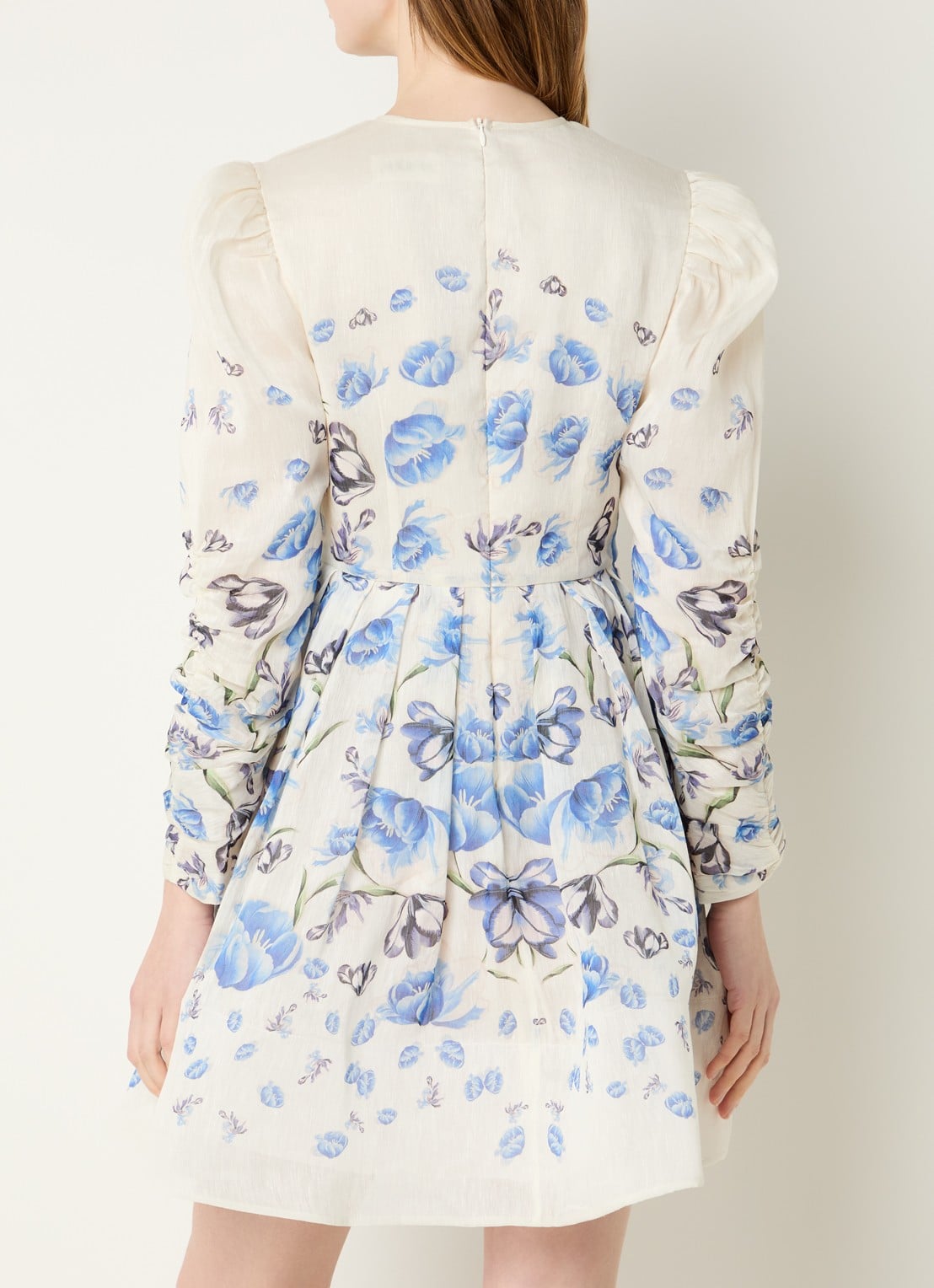 Malina Leoni mini jurk in zijdeblend met bloemenprint - achterkant 4 gebroken wit