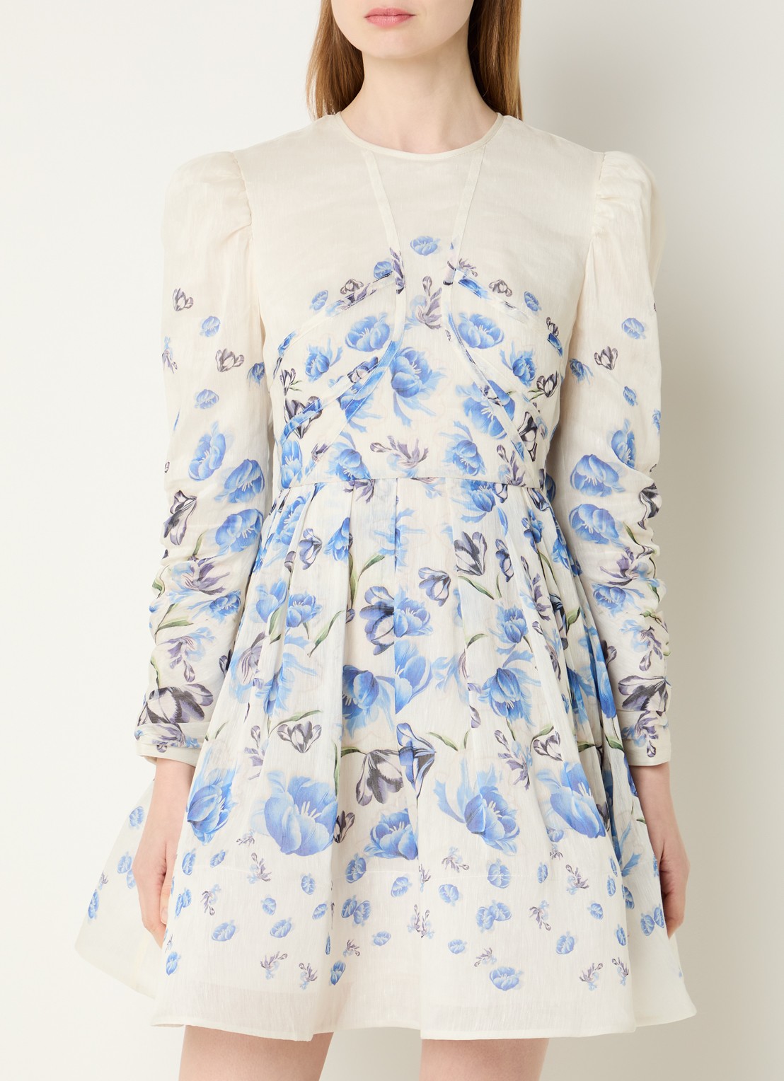 Malina Leoni mini jurk in zijdeblend met bloemenprint - detail gebroken wit