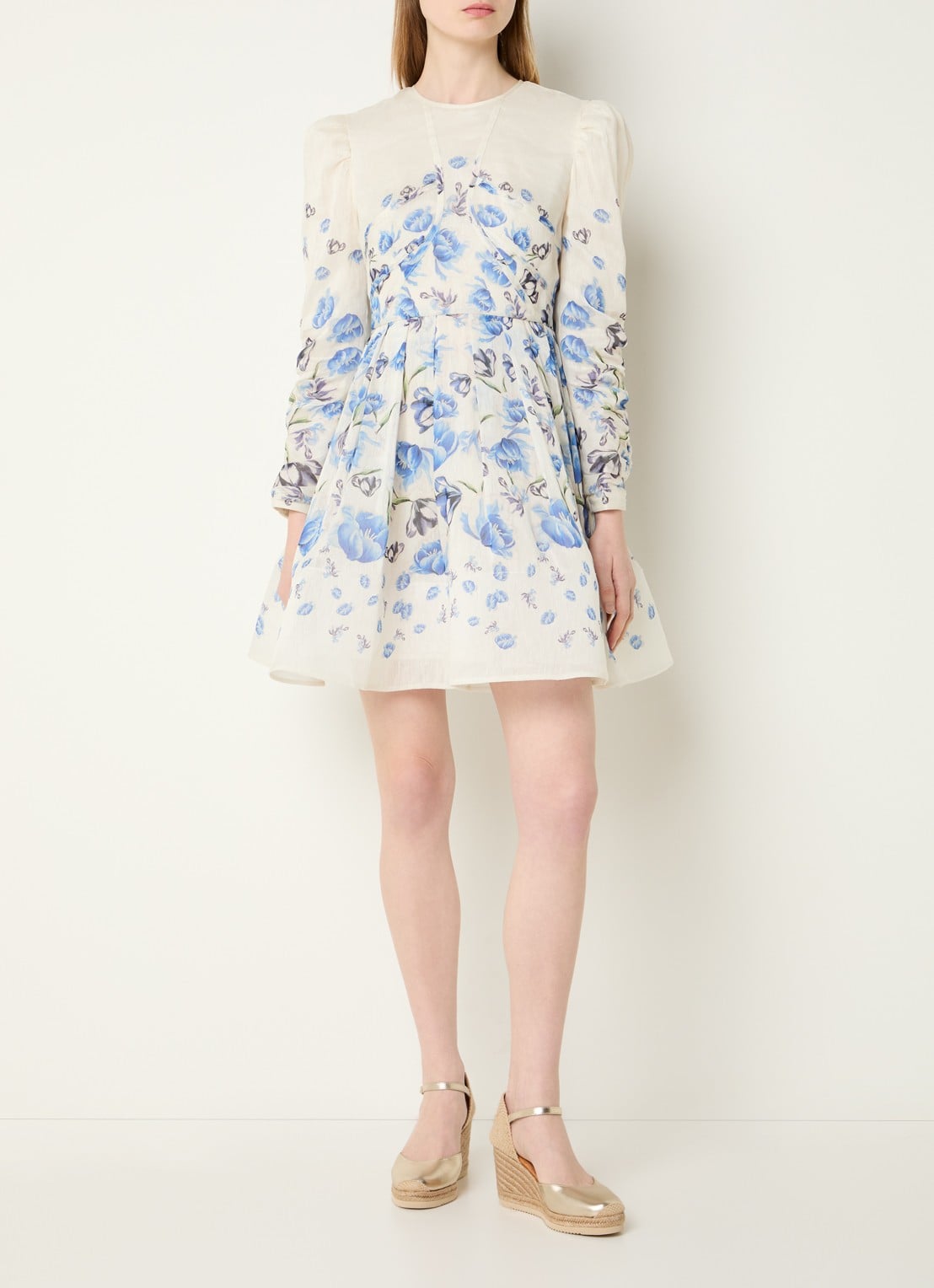 Malina Leoni mini jurk in zijdeblend met bloemenprint - voorkant 3 gebroken wit