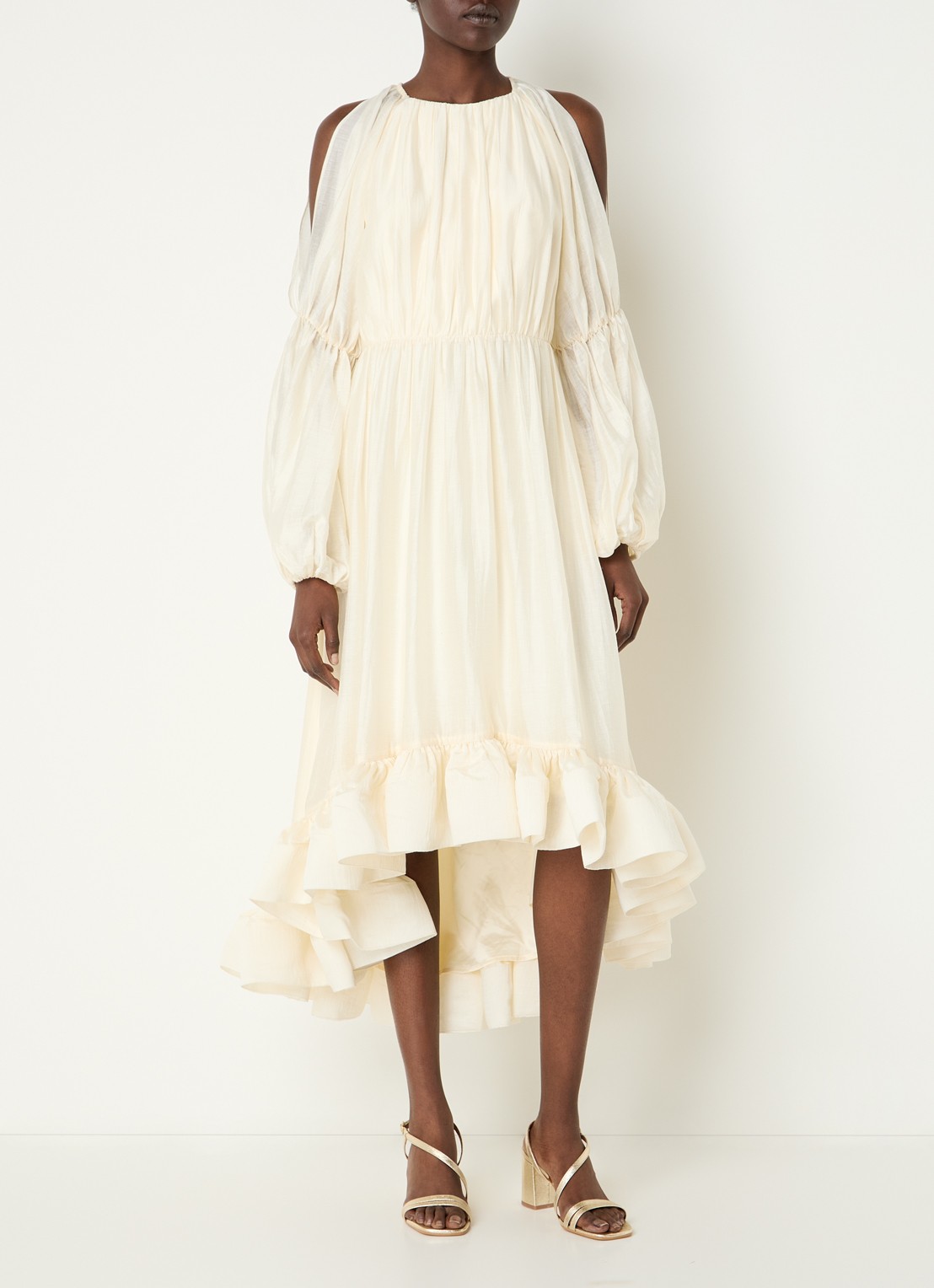 Malina Leontine midi jurk met volant en ballonmouw - detail 2 creme