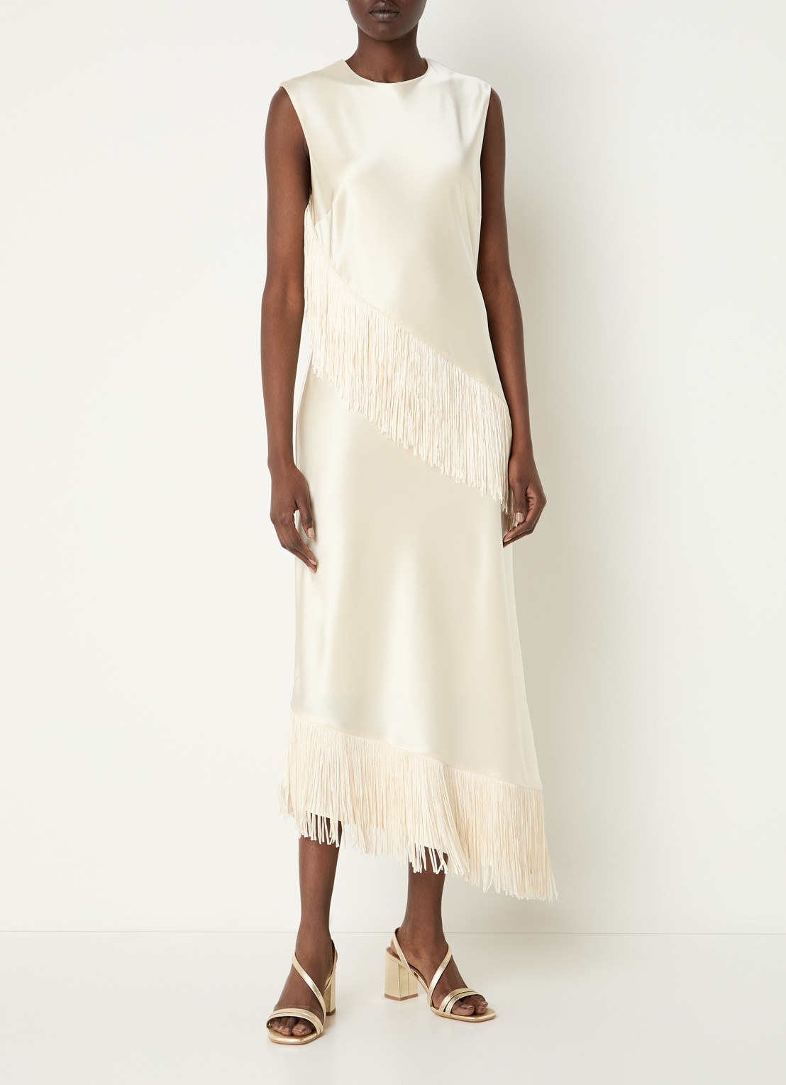Malina Lovis midi jurk van satijn met franjes - detail 3 creme