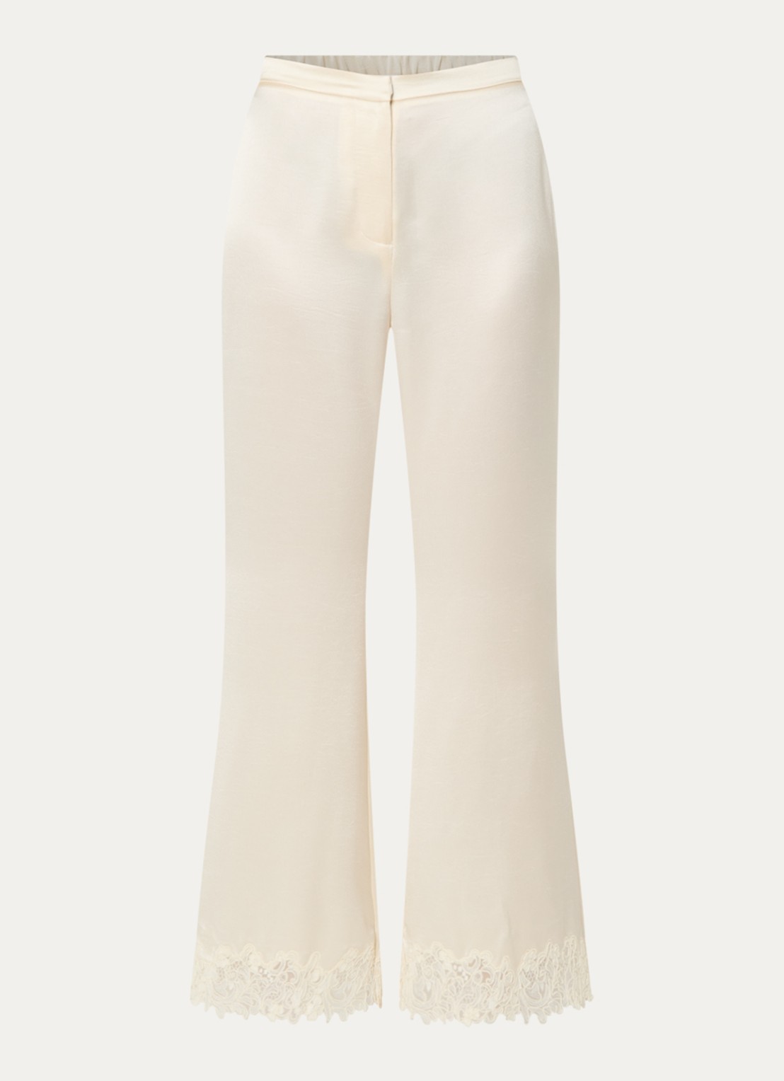 Malina Marine high waist flared fit pantalon van satijn met details van kant - voorkant 3 pearl-12117