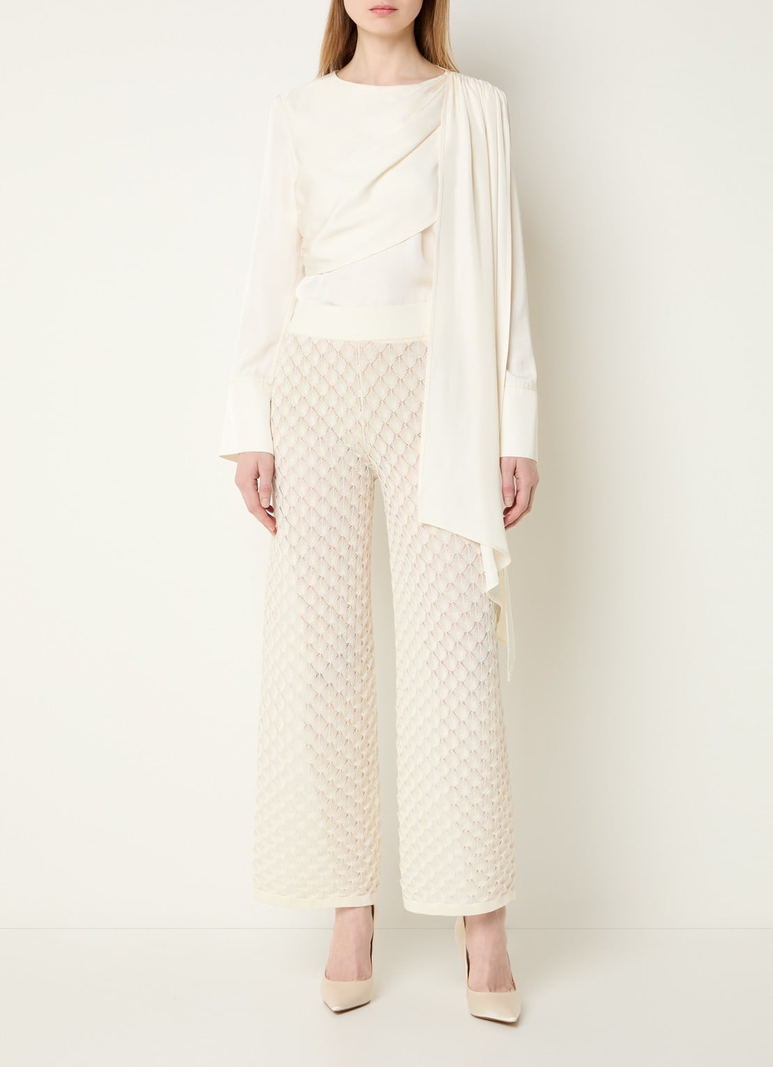Malina Martina grofgebreide high waist wide fit broek - voorkant 3 creme