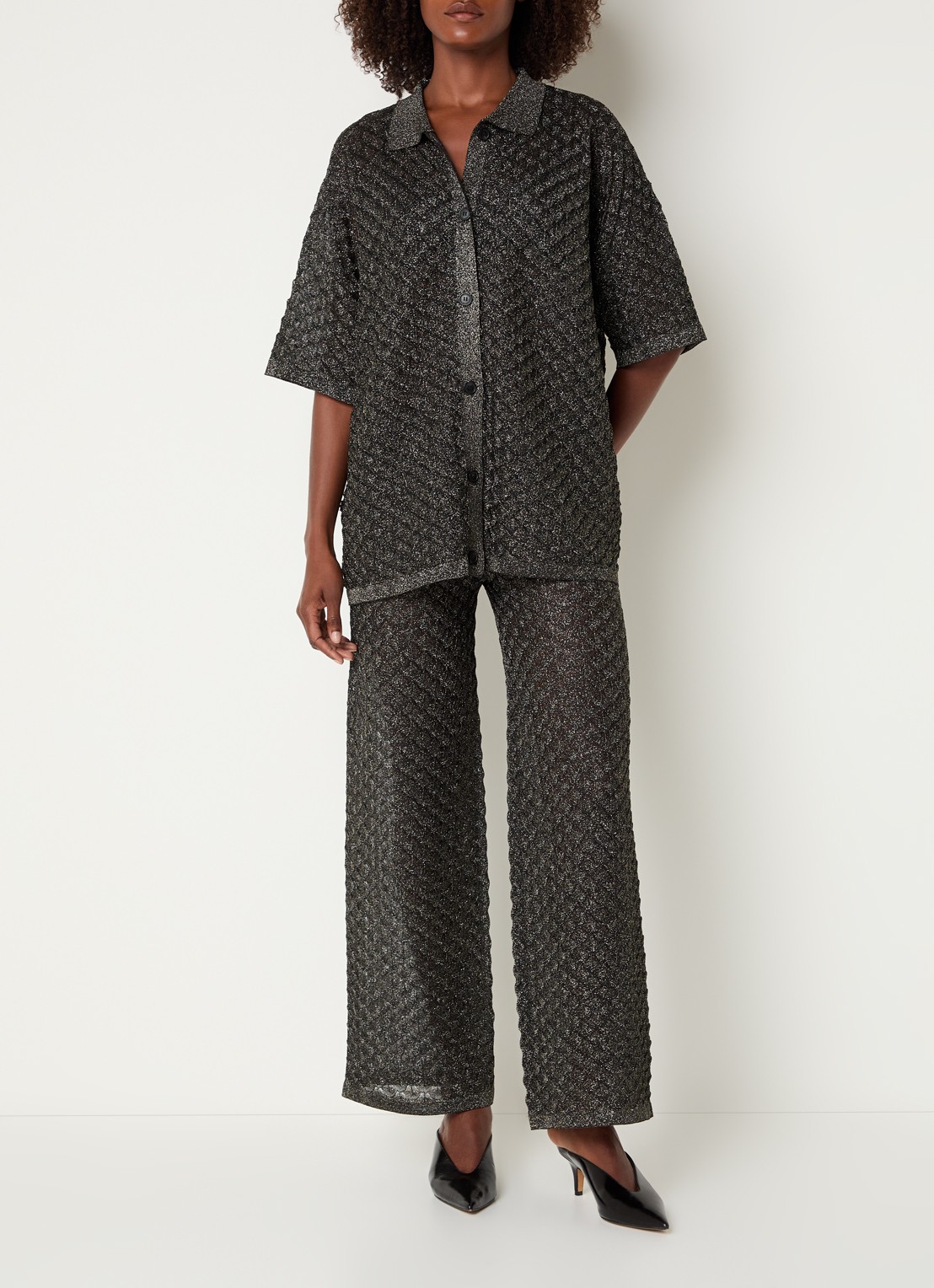 Malina Moa oversized blouse met lurex en structuur - voorkant 2 zwart