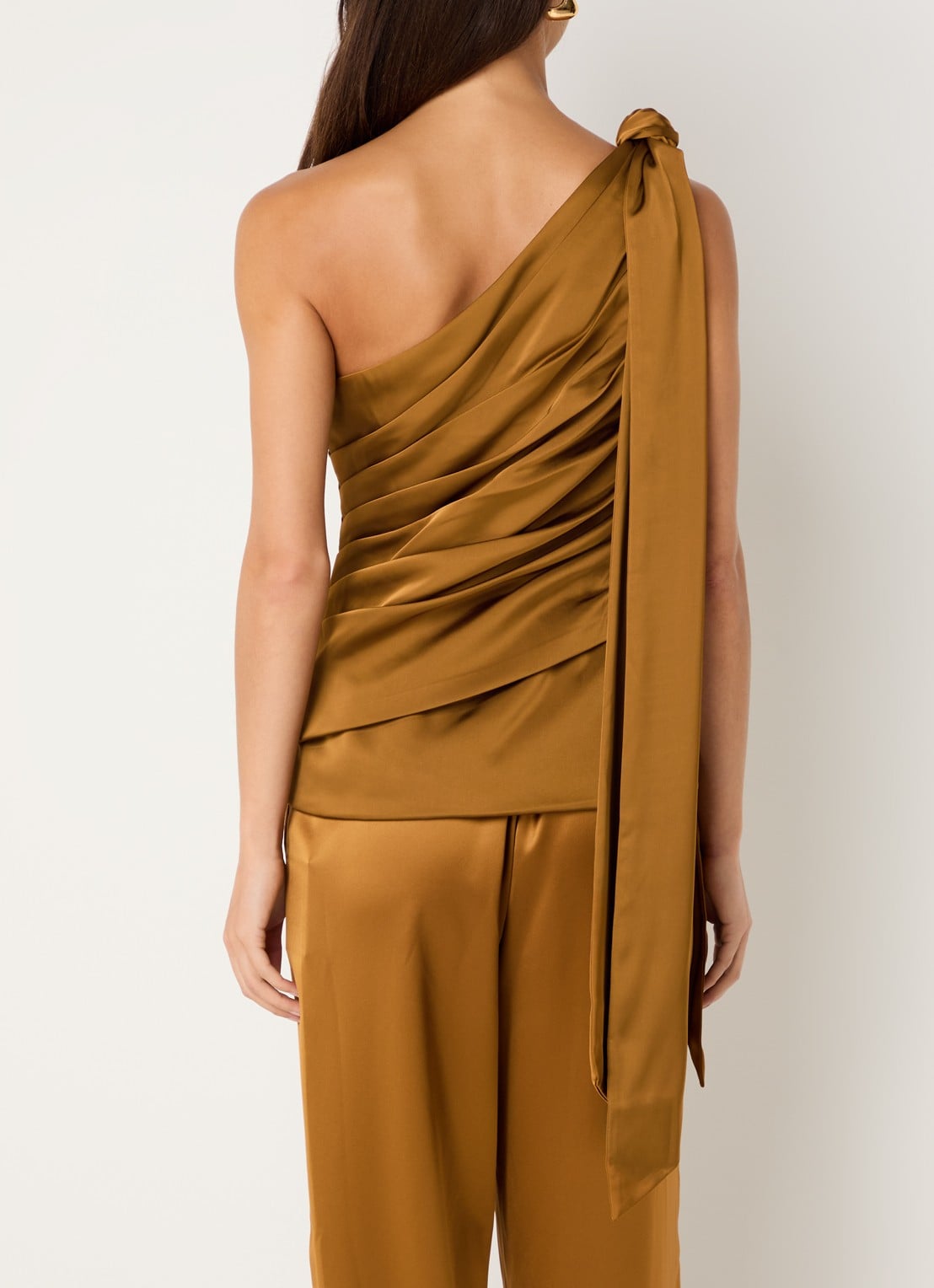 Malina Nelly one shoulder top met plooidetail - achterkant 4 donkeroranje