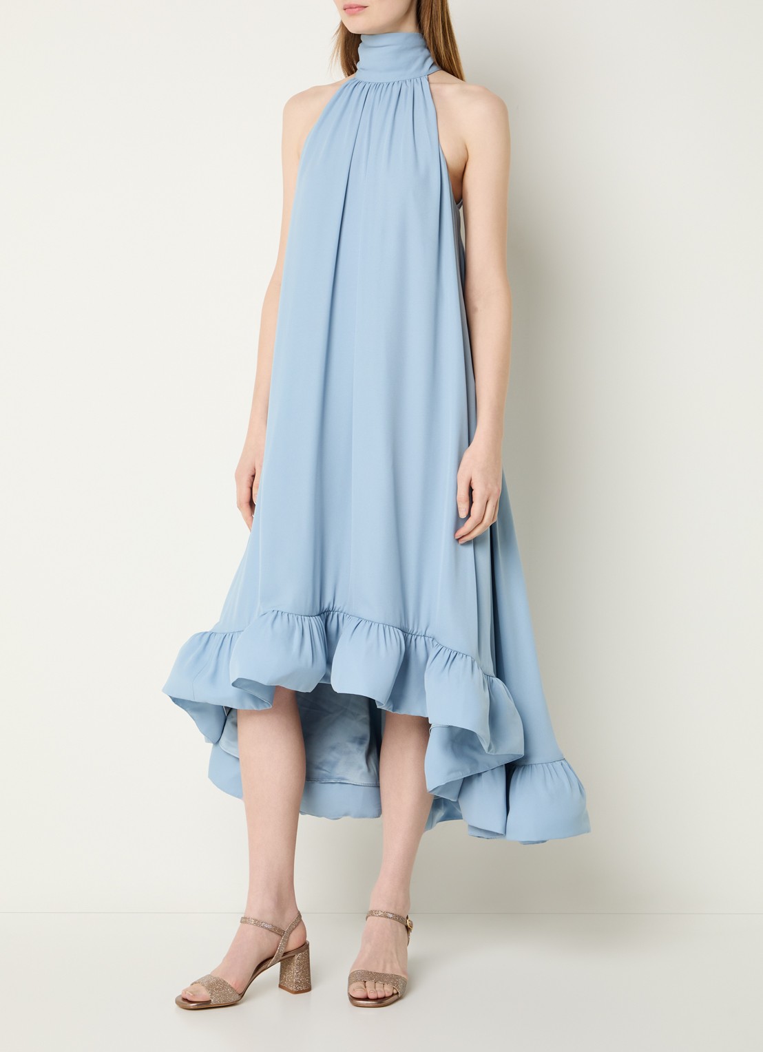 Malina Sabrina midi jurk met volant - detail lichtblauw