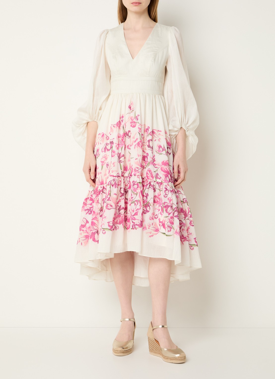 Malina Sasia midi tuniekjurk in linnenblend met bloemenprint - detail roze