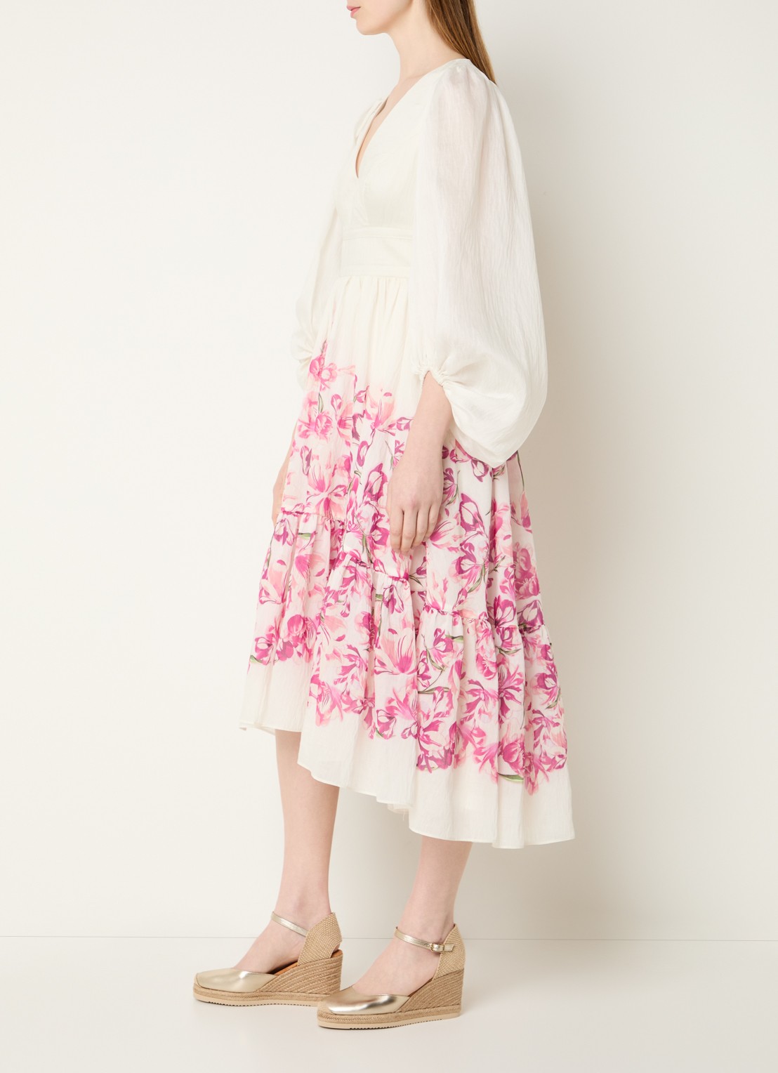 Malina Sasia midi tuniekjurk in linnenblend met bloemenprint - voorkant 4 roze
