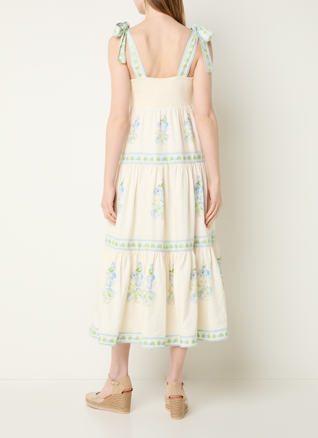 Malina Stefania midi jurk in linnenblend met bloemenprint - achterkant beige