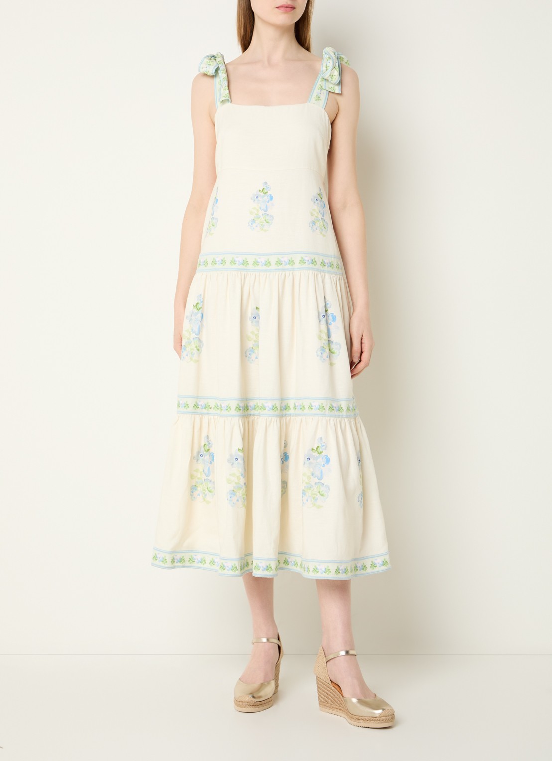 Malina Stefania midi jurk in linnenblend met bloemenprint - detail 4 beige