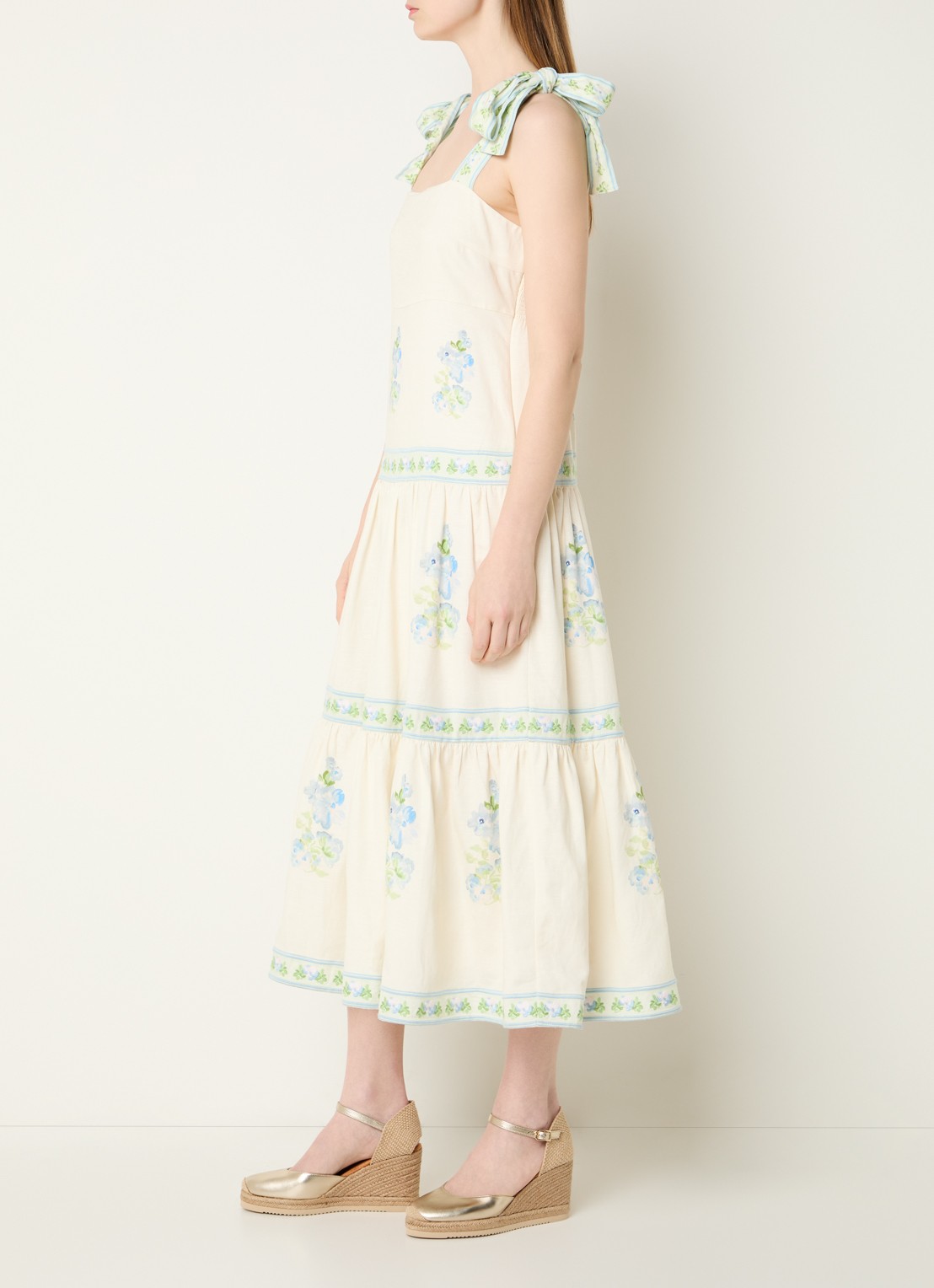 Malina Stefania midi jurk in linnenblend met bloemenprint - voorkant 3 beige