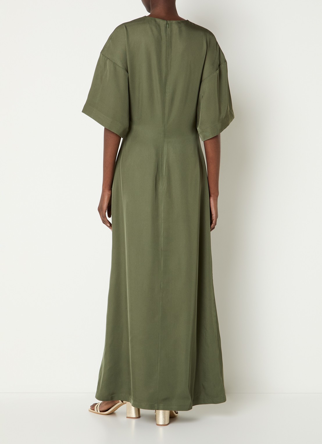 Malina Zilla maxi jurk met gedrapeerd detail - achterkant 4 olijfgroen