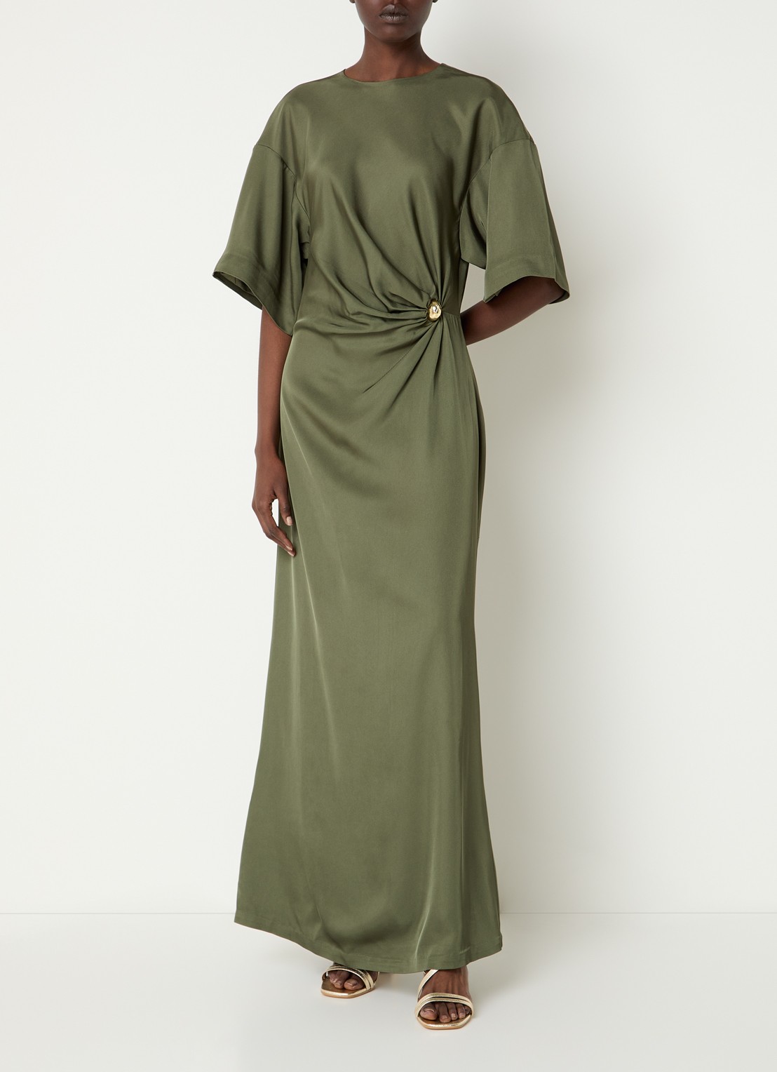 Malina Zilla maxi jurk met gedrapeerd detail - detail 3 olijfgroen