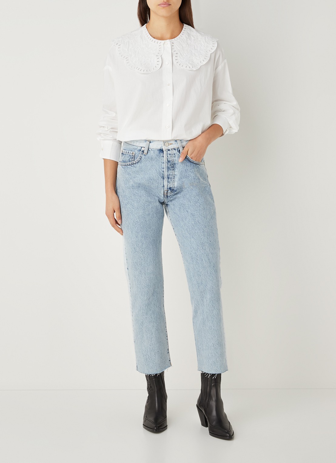 Mango Best oversized blouse met broderie kraag - voorkant 3 wit