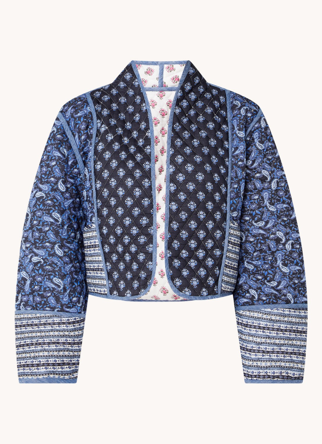 Mango Flores oversized fit reversible openvallend vest met bloemenprint - voorkant 2 middenblauw