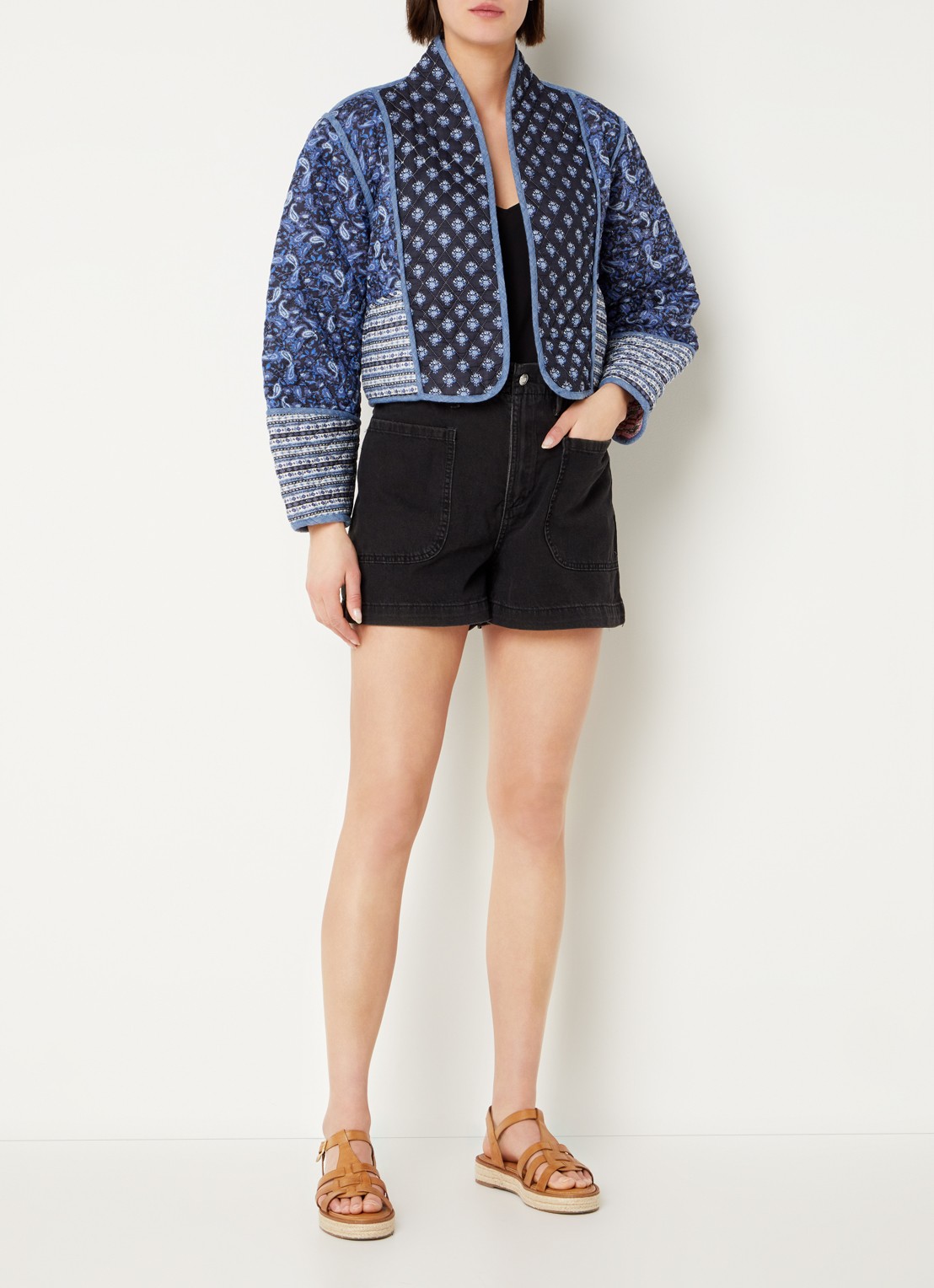 Mango Flores oversized fit reversible openvallend vest met bloemenprint - voorkant 3 middenblauw