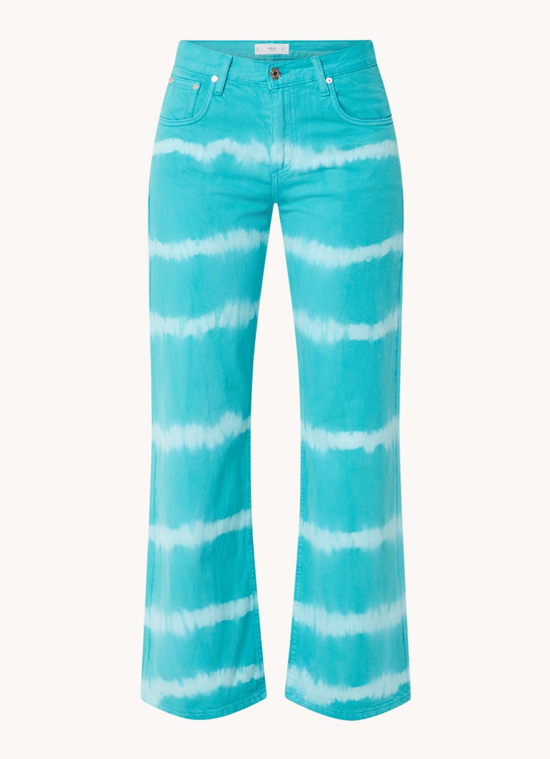 Mango Ibiza mid waist wide fit jeans met tie-dye dessin - voorkant 4 turquoise