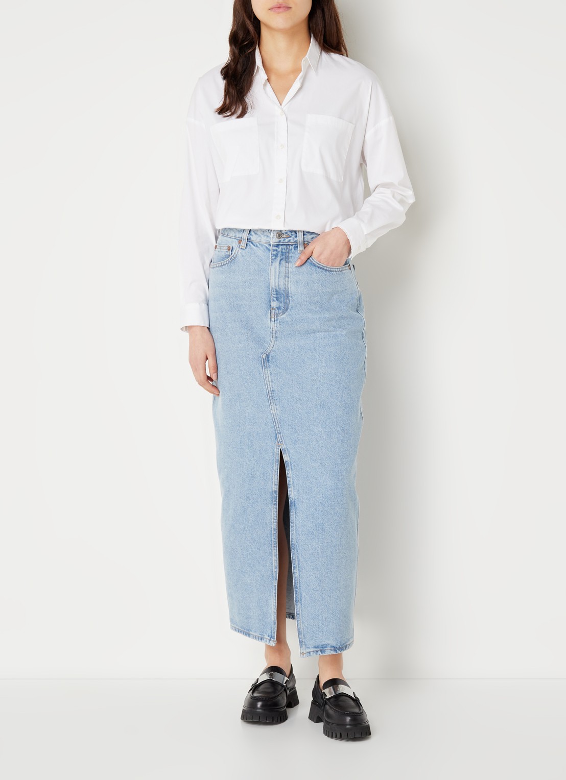 Mango Matilda rok van spijkerstof met lichte wassing - voorkant 3 indigo