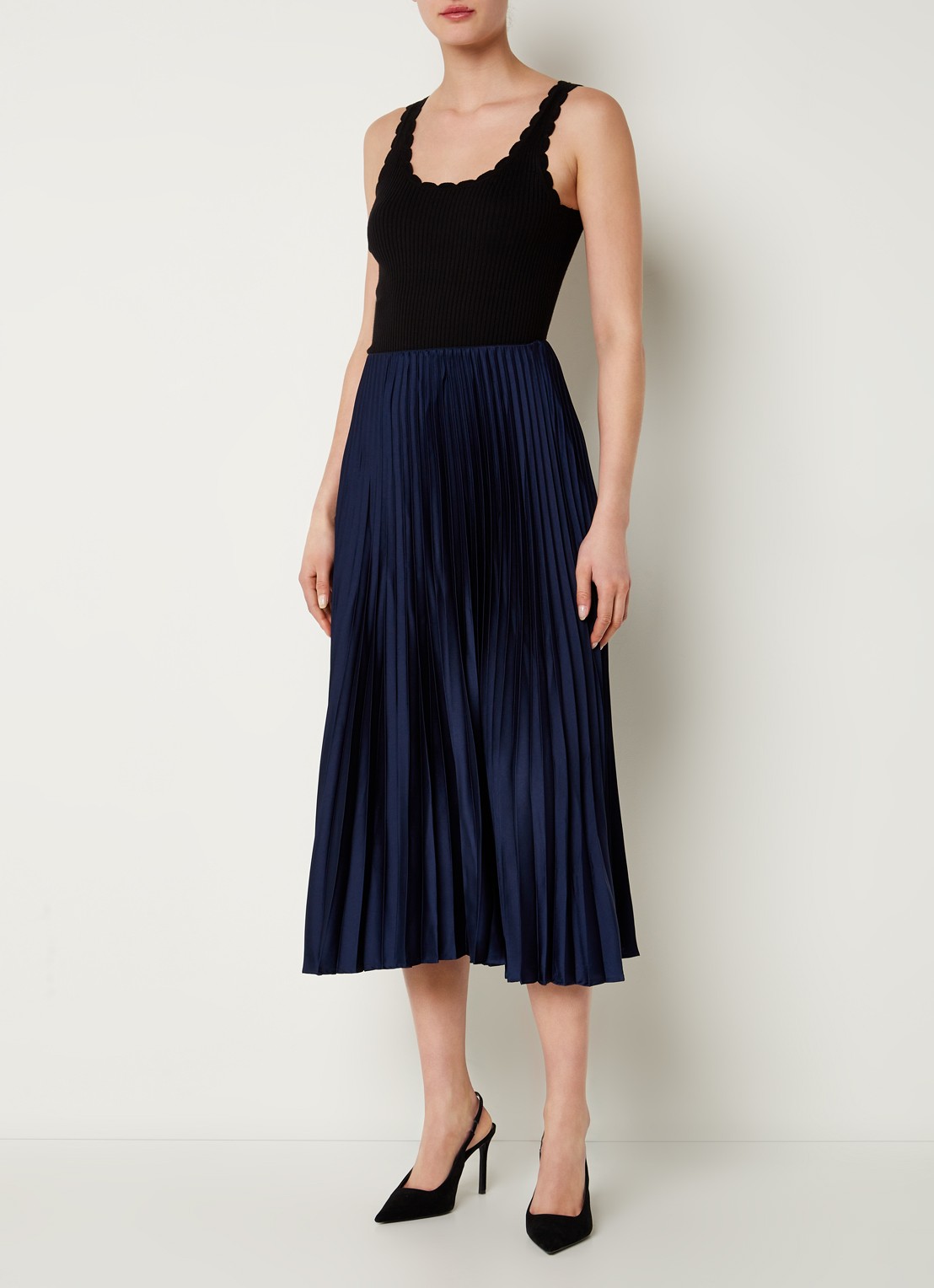 Mango Plisado midirok van satijn met plissé - voorkant 4 donkerblauw