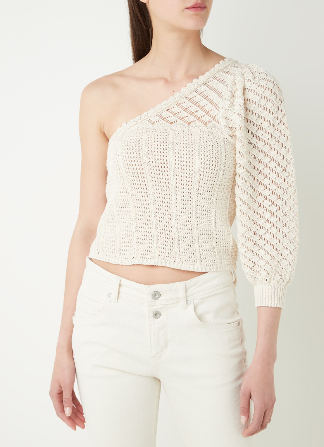 MANGO Riviera grofgebreide one shoulder crop top • Gebroken wit • de