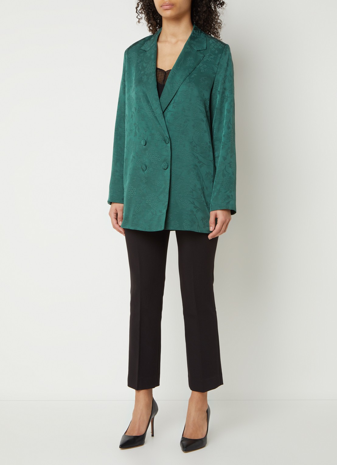 Mango Topeti blazer van satijn met met jacquard dessin - voorkant 2 donkergroen