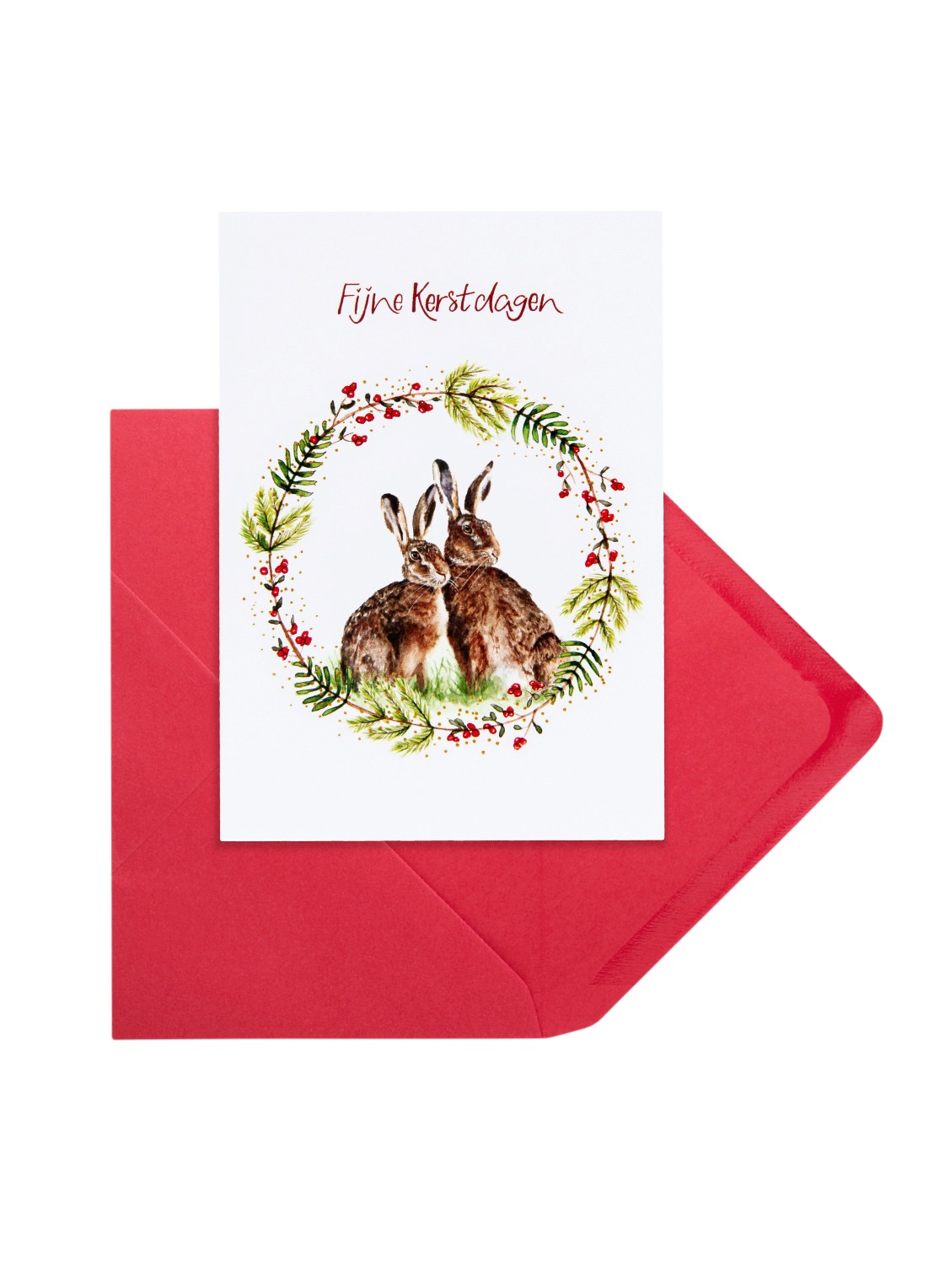 MAP Publishing Konijnen in een krans van hulst Fijne Kerstdagen kerstkaart - set van 8 inclusief enveloppen - achterkant wit