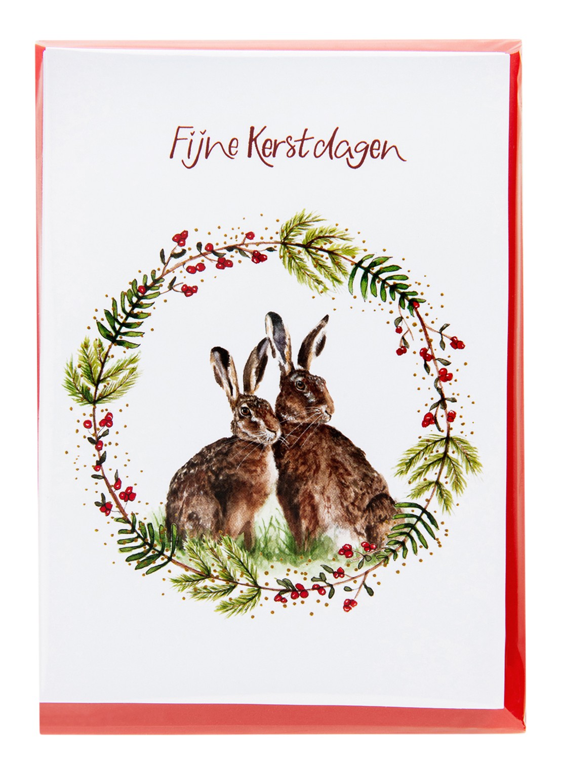 MAP Publishing Konijnen in een krans van hulst Fijne Kerstdagen kerstkaart - set van 8 inclusief enveloppen - voorkant 2 wit