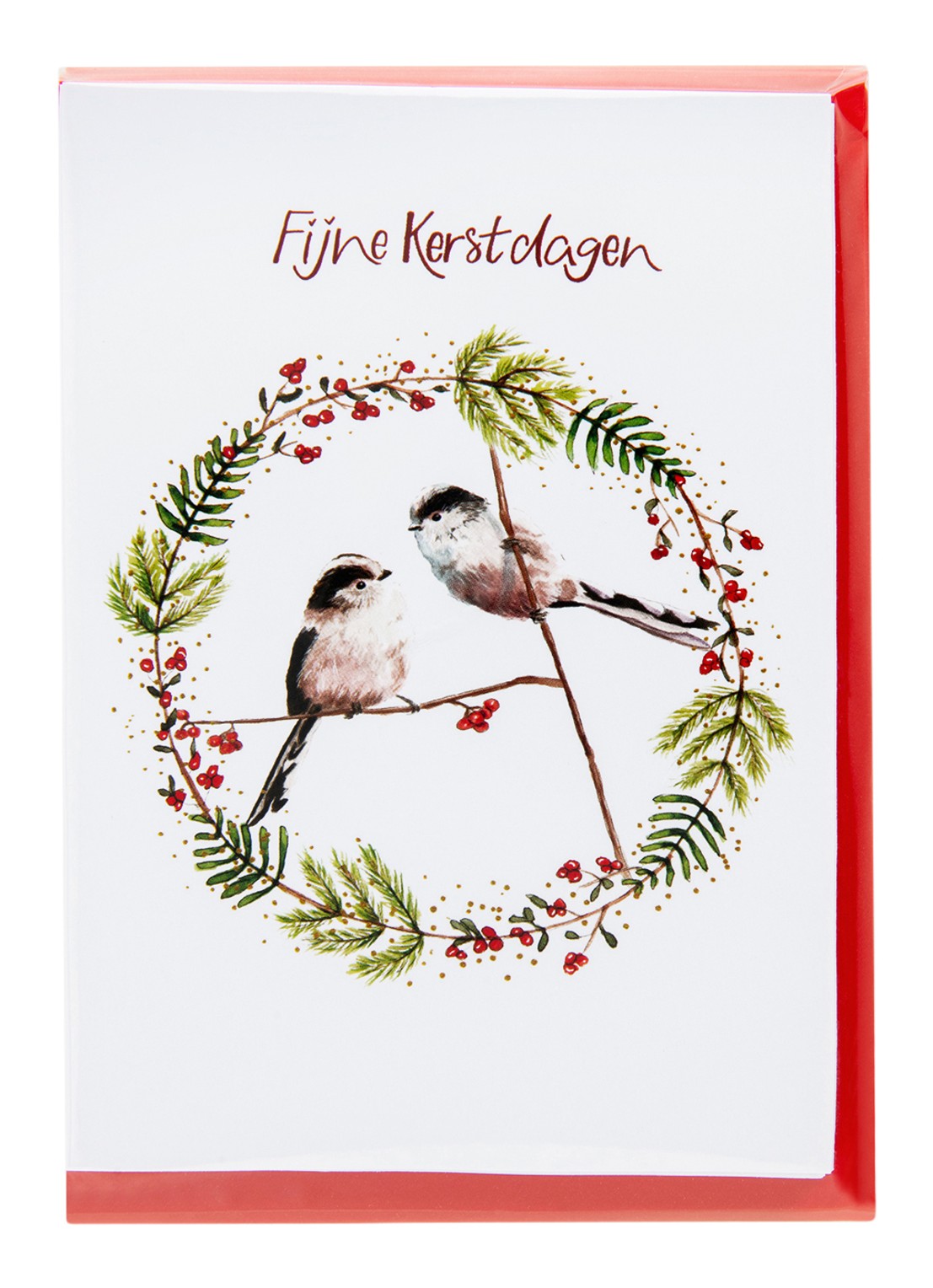 MAP Publishing Vogeltjes in een krans van hulst Fijne Kerstdagen kerstkaart - set van 8 inclusief enveloppen - voorkant wit