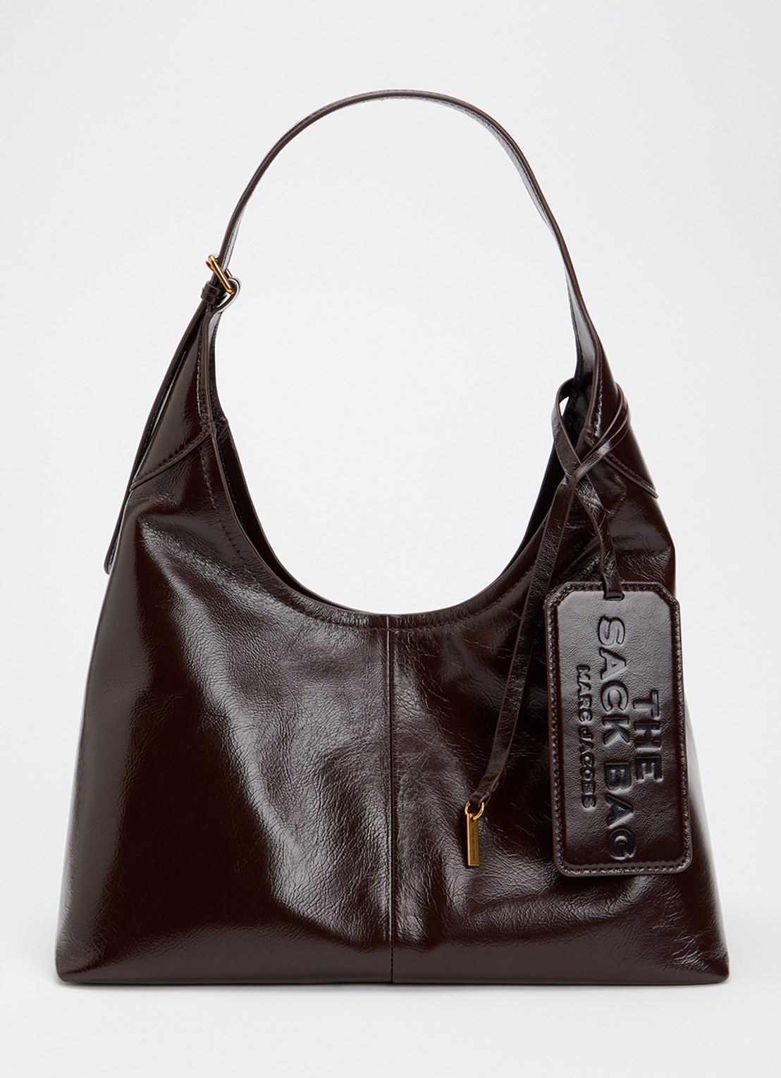 Marc Jacobs The Belted Sack schoudertas van leer met lakfinish - voorkant 5 chocoladebruin