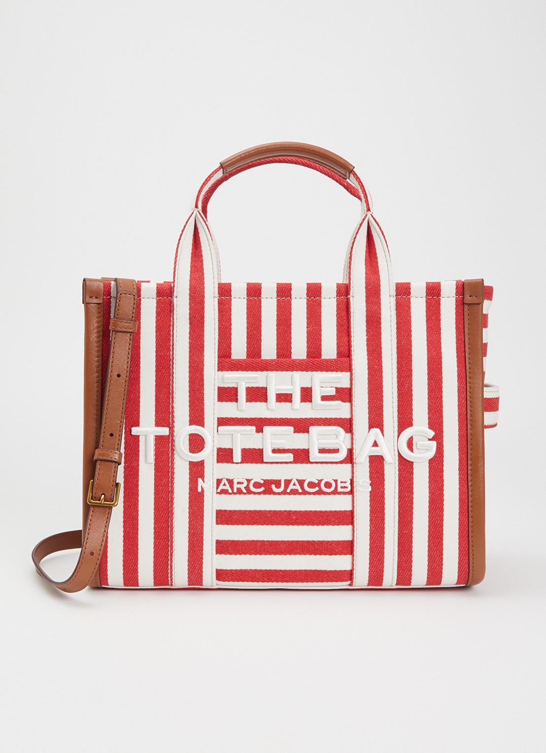 Marc Jacobs The Stripe Medium Tote handtas van canvas met leren details - voorkant rood