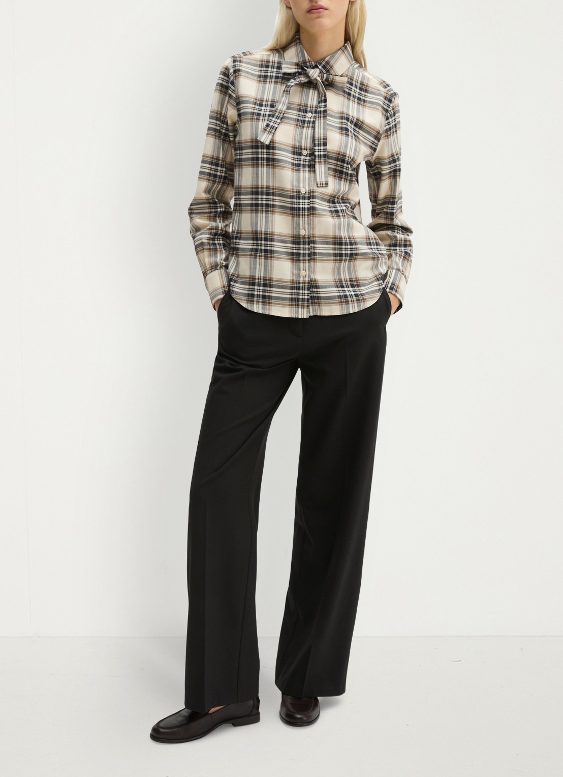 Marc O'Polo Blouse met ruitdessin en strikdetail - voorkant 5 off white multi / wit