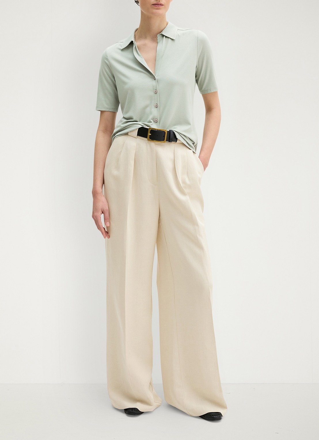Marc O'Polo Blouse met wide spread kraag - voorkant 2 lindegroen