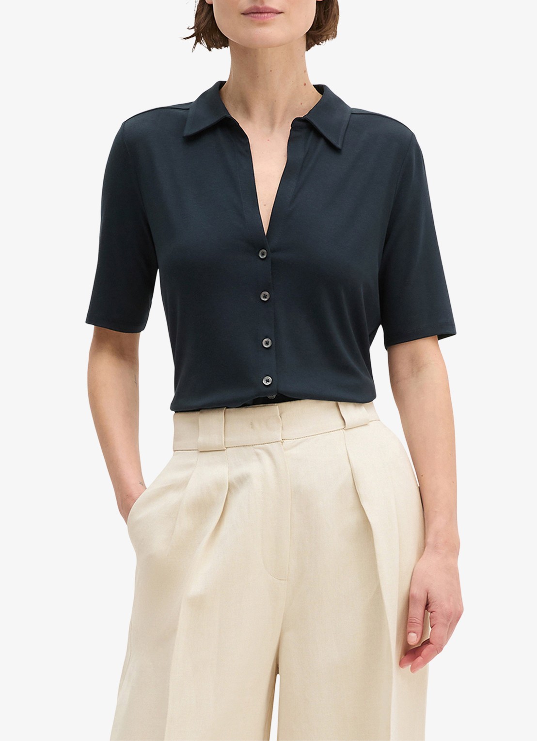 Marc O'Polo Blouse met wide spread kraag - detail 4 donkerblauw