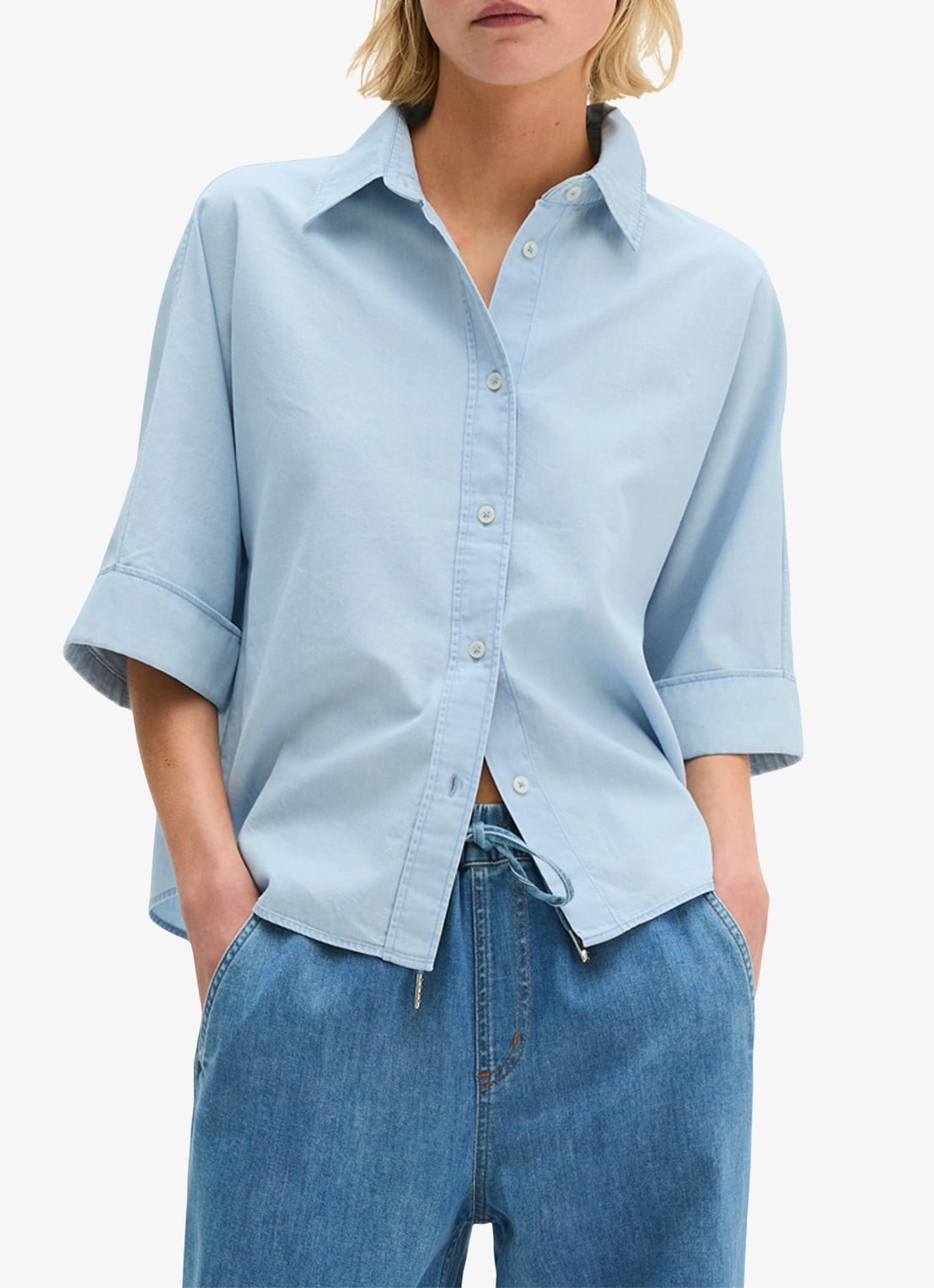 Marc O'Polo Blouse van denim met korte mouwen - detail 2 light blue multi 02 / blauw
