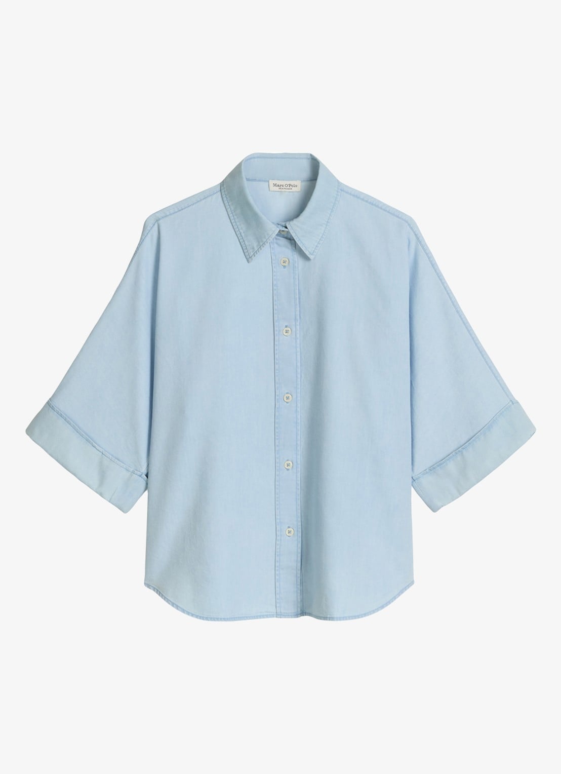 Marc O'Polo Blouse van denim met korte mouwen - voorkant 4 light blue multi 02 / blauw
