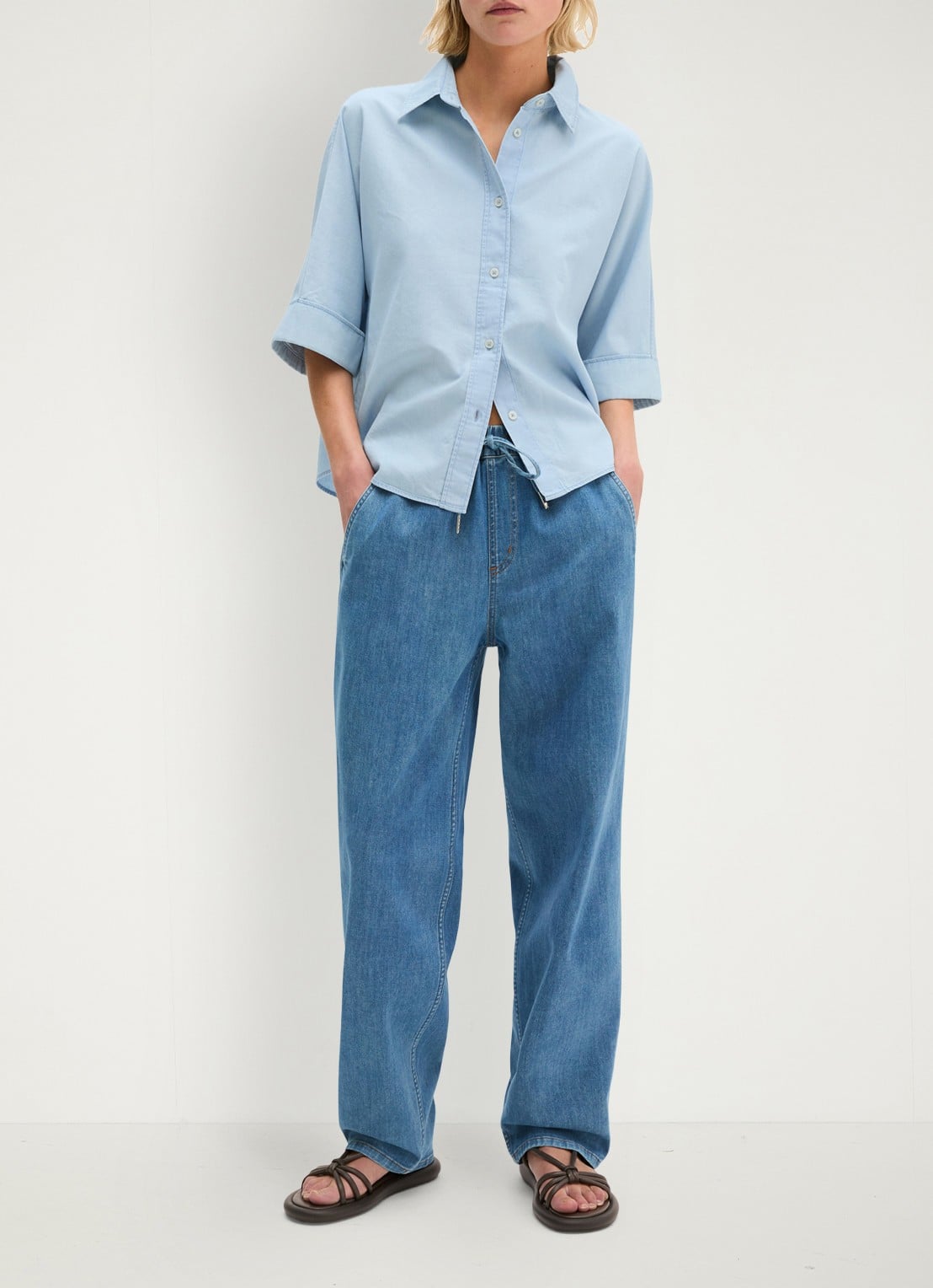 Marc O'Polo Blouse van denim met korte mouwen - voorkant 5 light blue multi 02 / blauw
